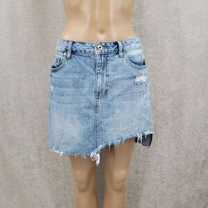 Pistola Denim Blue Jean Asymmetrical Frayed Hem Mini Skirt Distressed